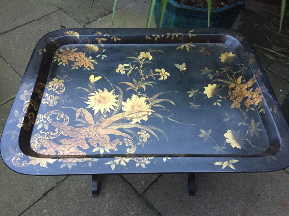 Early C19th Regency period papier-mâché tray mounted on a folding table stand. View XII