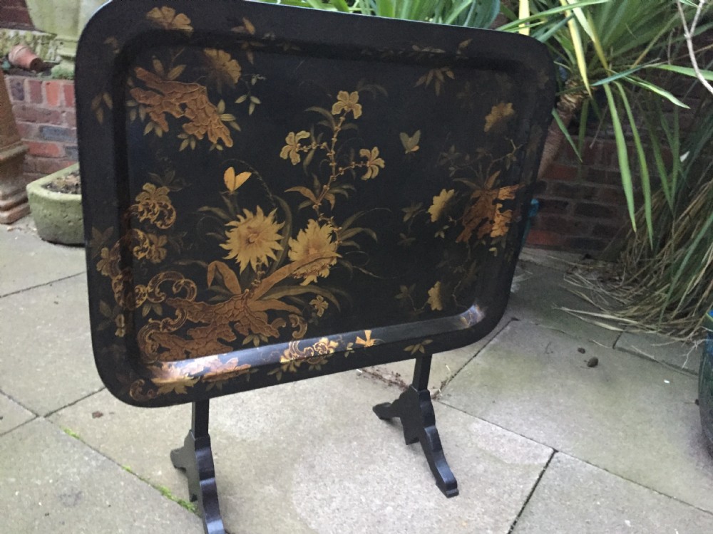 Early C19th Regency period papier-mâché tray mounted on a folding table stand. View XVI