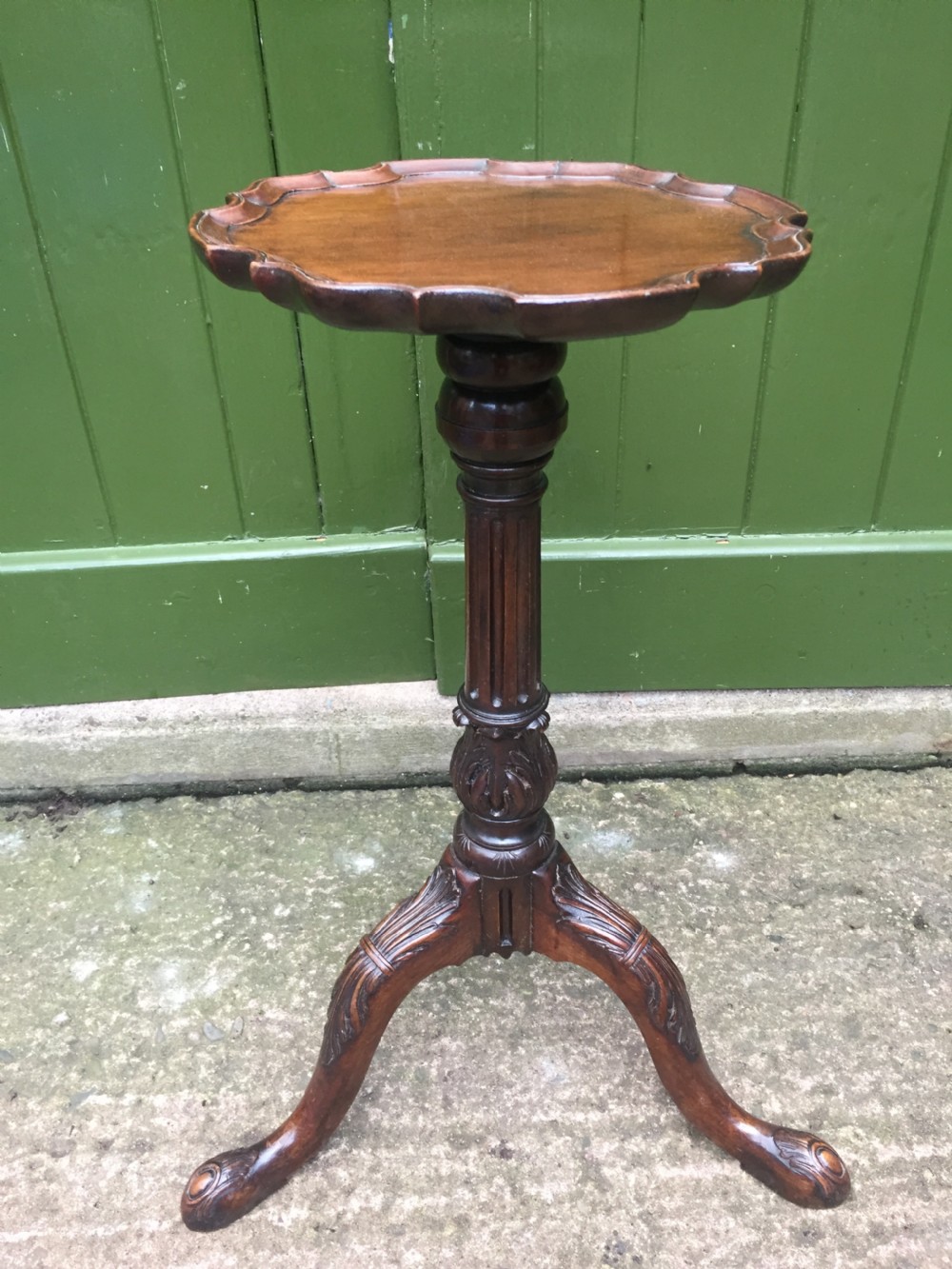 C19th carved mahogany Chippendale revival tripod wine table or 'kettle-stand' with 'pie-crust' edge top.