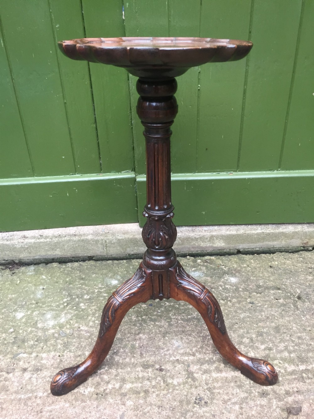C19th carved mahogany Chippendale revival tripod wine table or 'kettle-stand' with 'pie-crust' edge top. View II