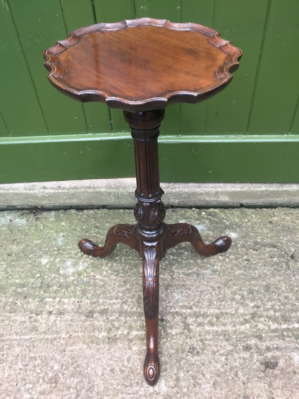 C19th carved mahogany Chippendale revival tripod wine table or 'kettle-stand' with 'pie-crust' edge top. View III