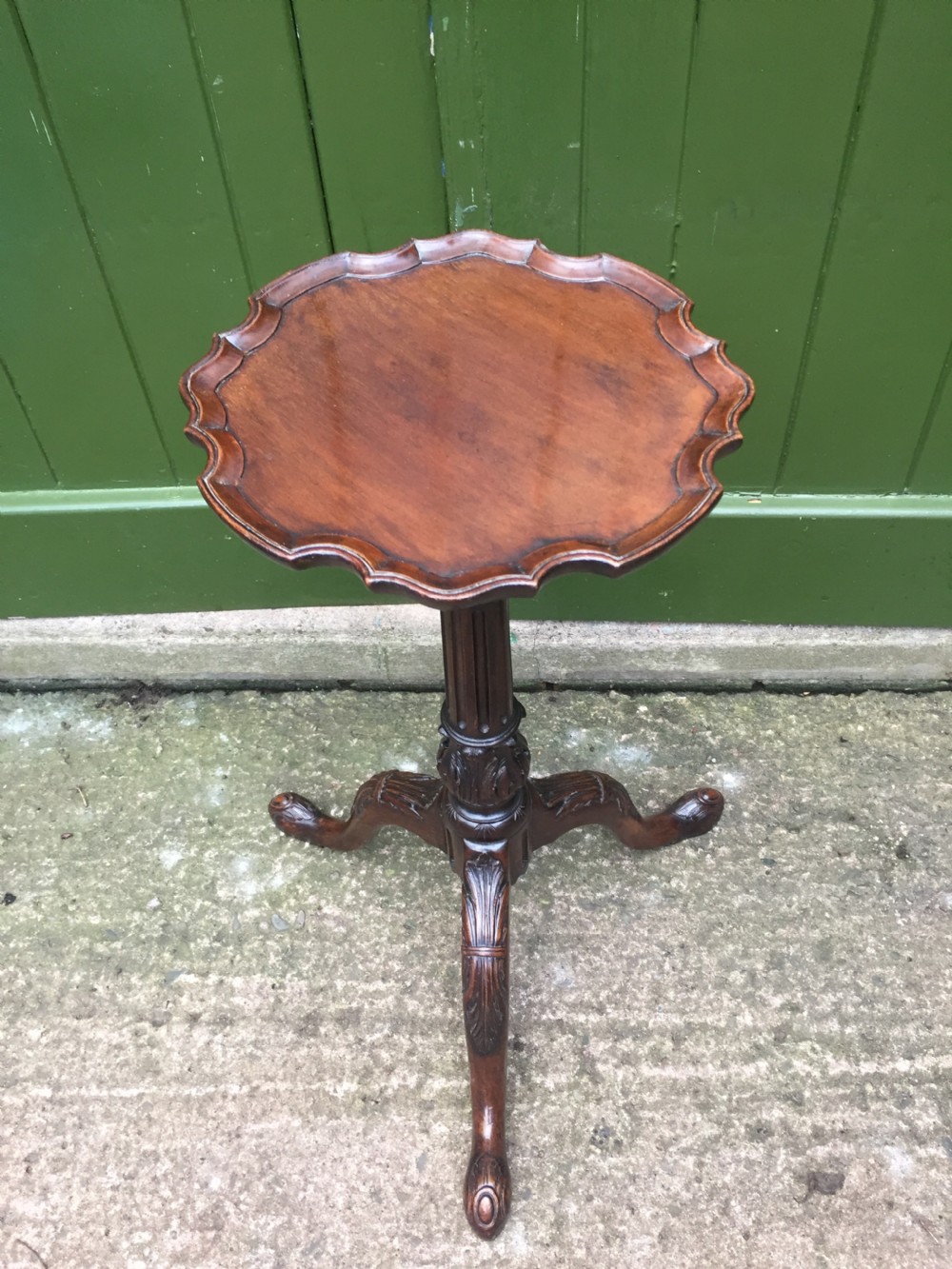 C19th carved mahogany Chippendale revival tripod wine table or 'kettle-stand' with 'pie-crust' edge top. View IV