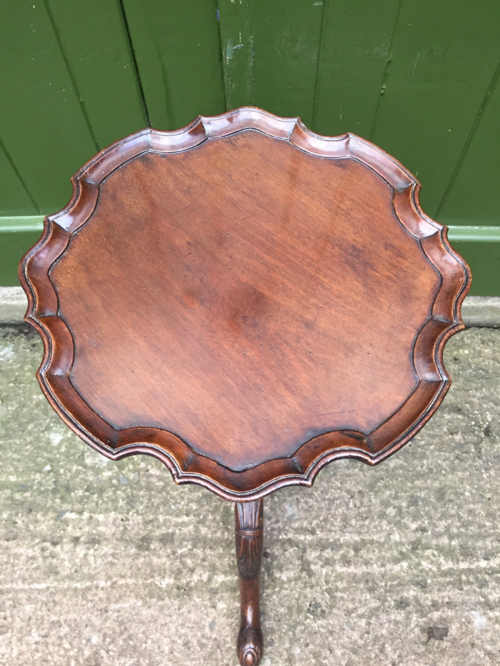 C19th carved mahogany Chippendale revival tripod wine table or 'kettle-stand' with 'pie-crust' edge top. View V