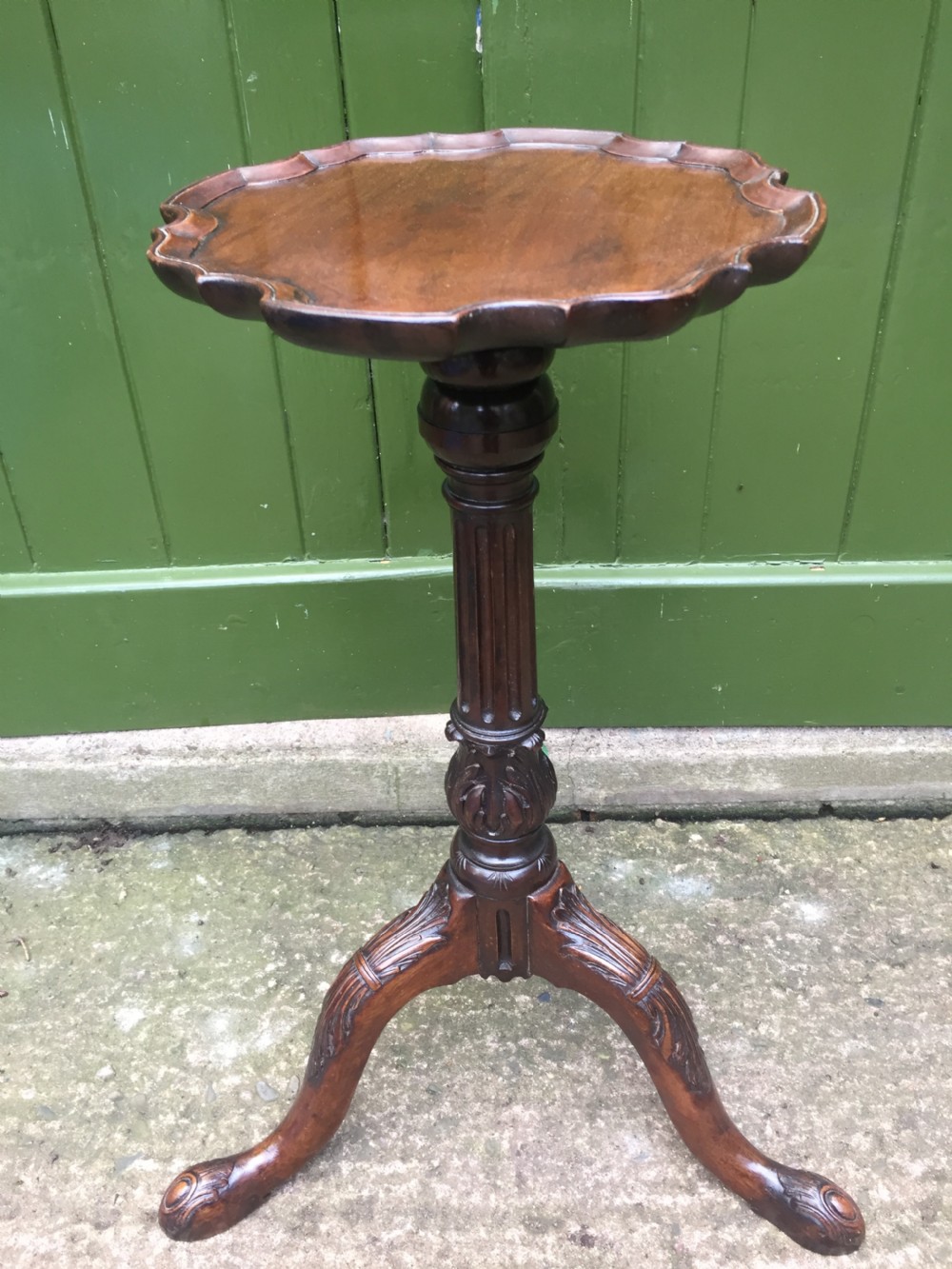 C19th carved mahogany Chippendale revival tripod wine table or 'kettle-stand' with 'pie-crust' edge top. View VI