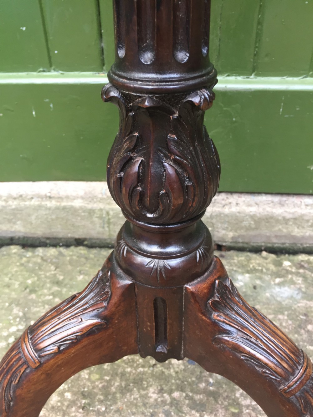 C19th carved mahogany Chippendale revival tripod wine table or 'kettle-stand' with 'pie-crust' edge top. View VII