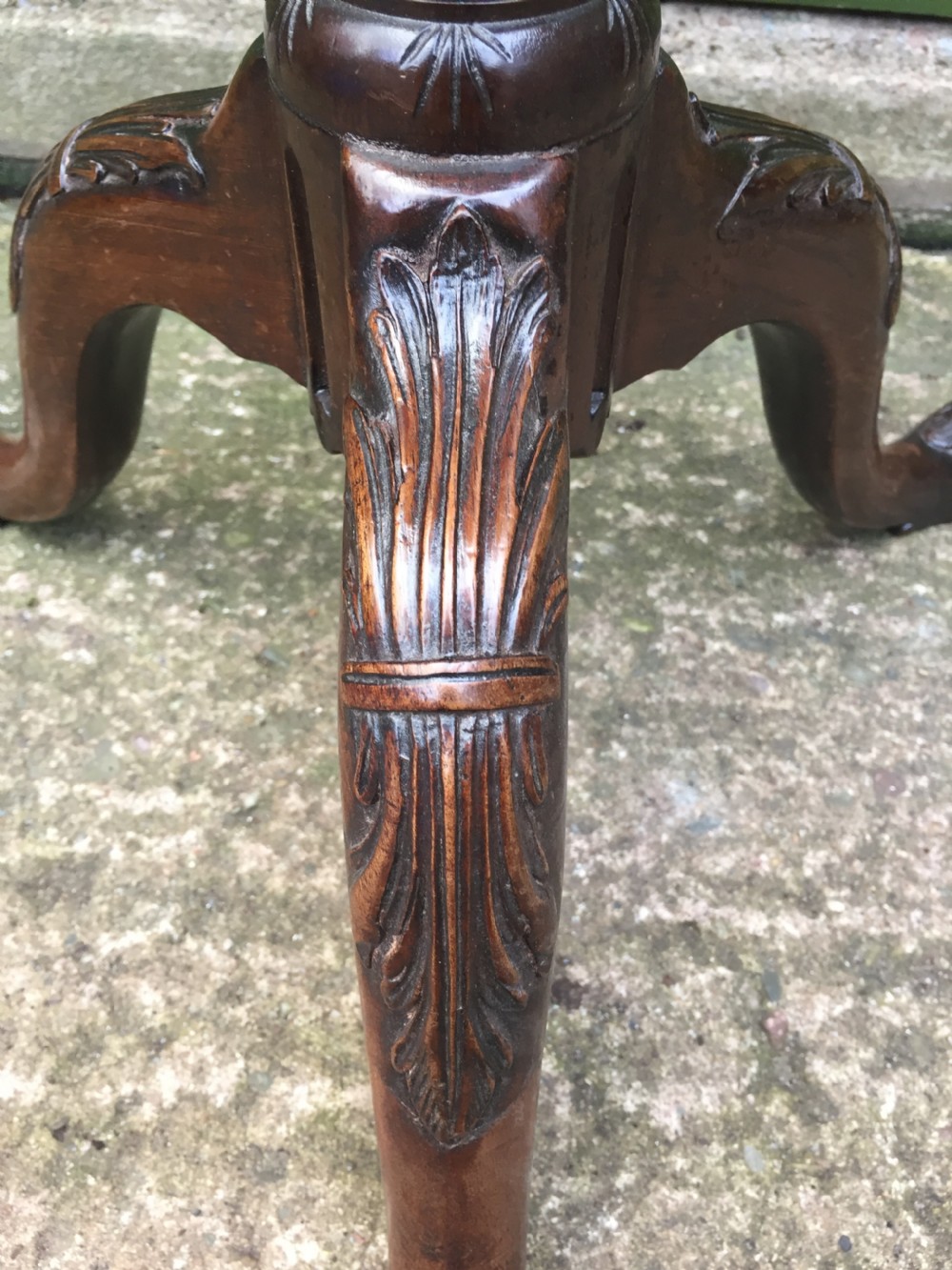 C19th carved mahogany Chippendale revival tripod wine table or 'kettle-stand' with 'pie-crust' edge top. View IX