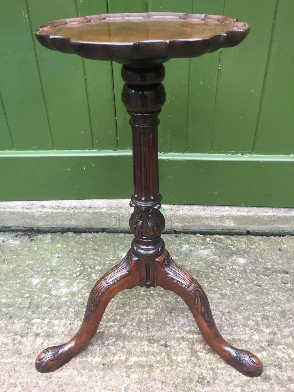 C19th carved mahogany Chippendale revival tripod wine table or 'kettle-stand' with 'pie-crust' edge top. View XII