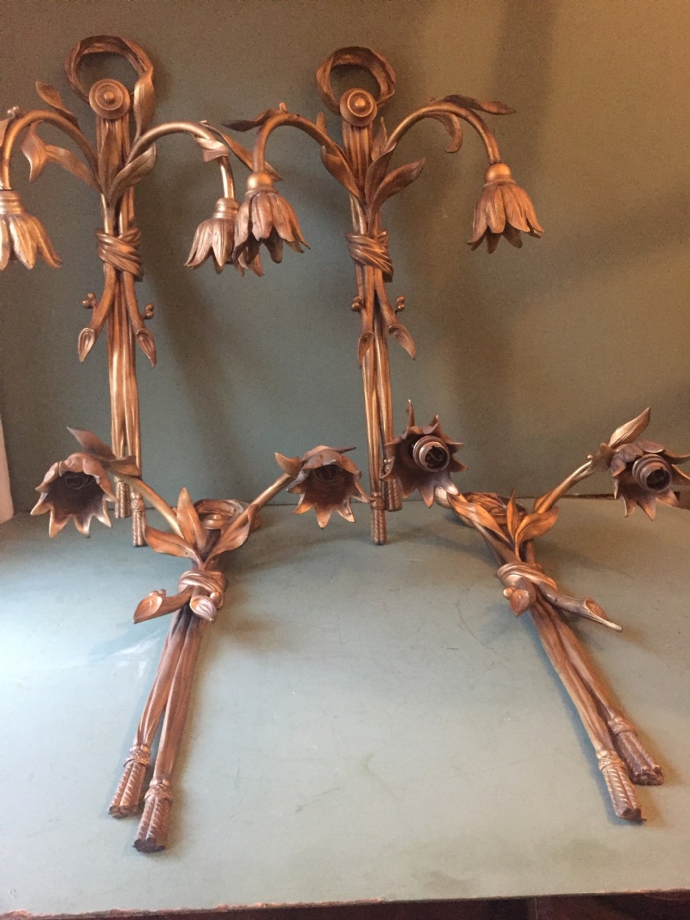 Set of 4 late C19th French ormolu twin-branch wall-lights of unusual design.