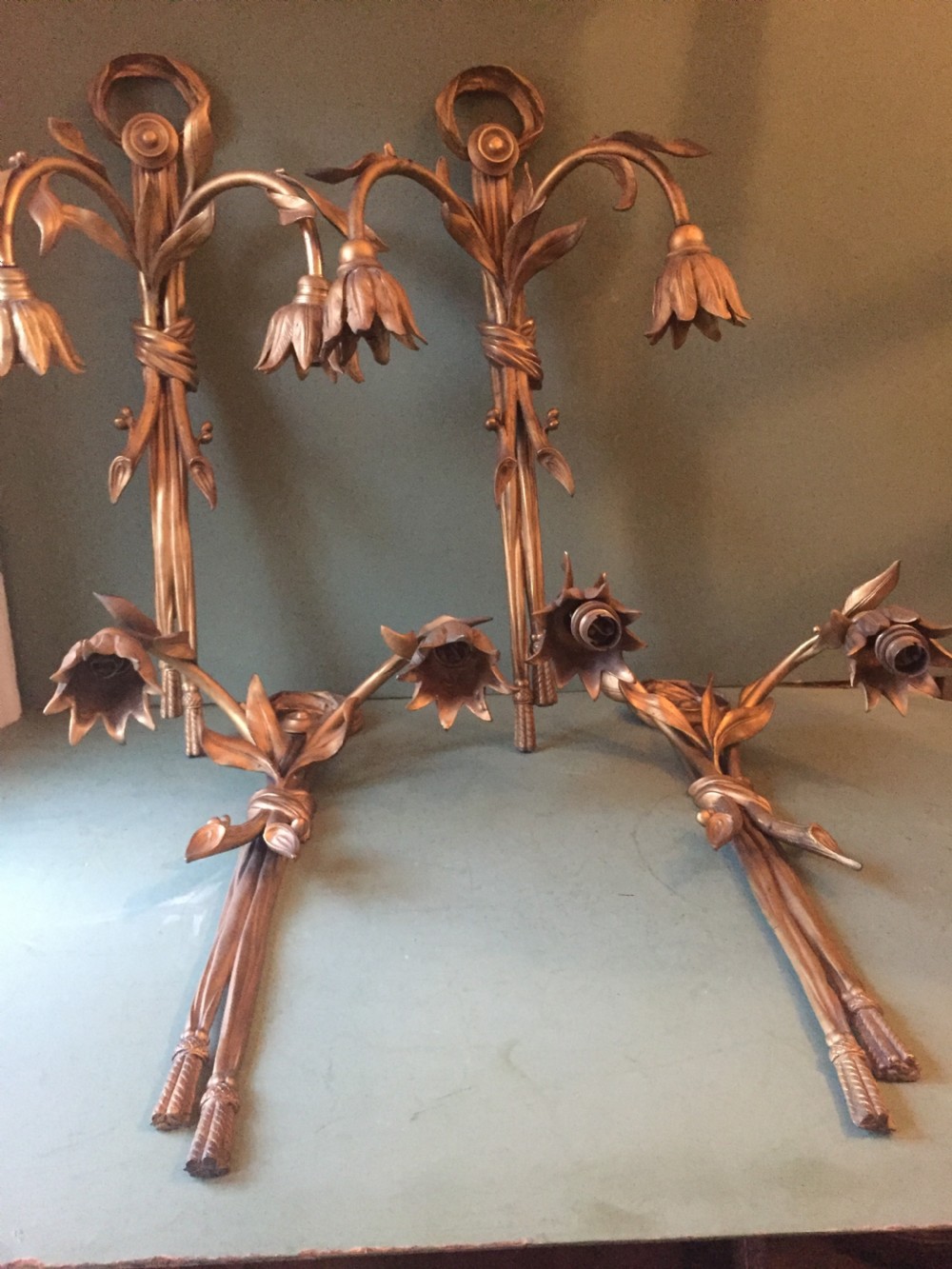 Set of 4 late C19th French ormolu twin-branch wall-lights of unusual design. View II