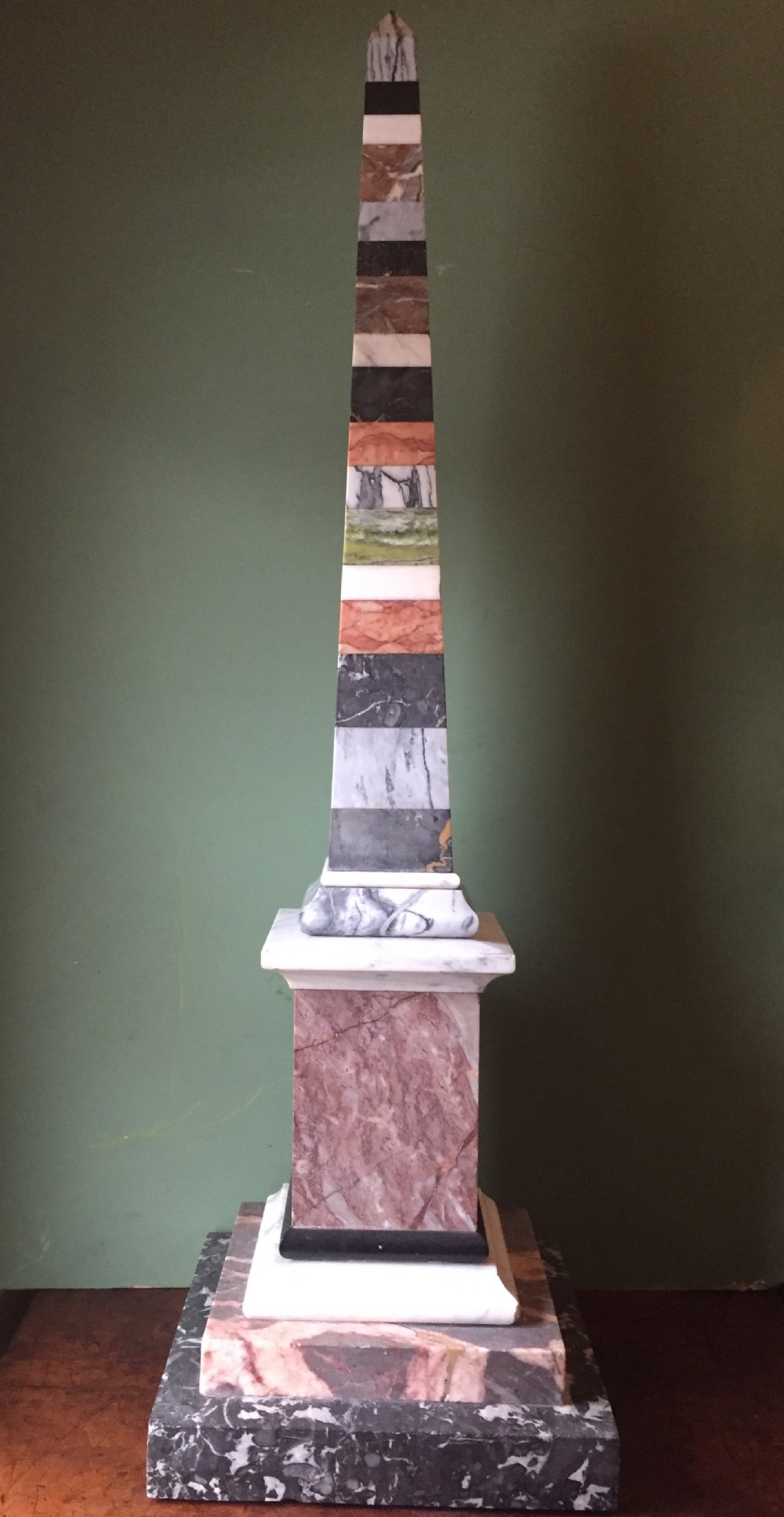Fine and decorative late C19th Italian specimen marble obelisk of substantial scale.