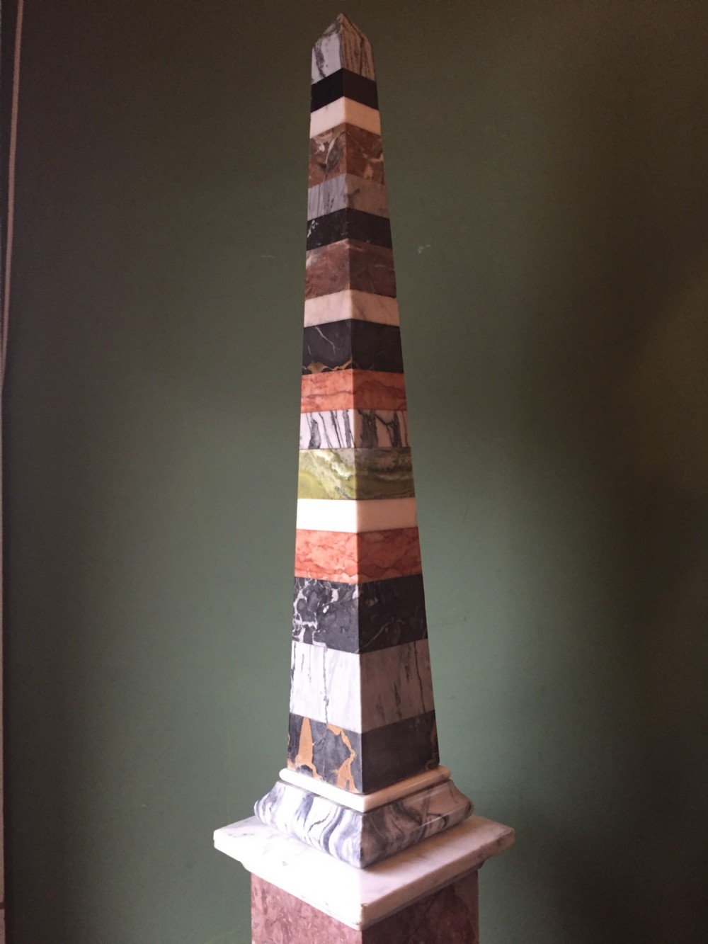 Fine and decorative late C19th Italian specimen marble obelisk of substantial scale. View XIII