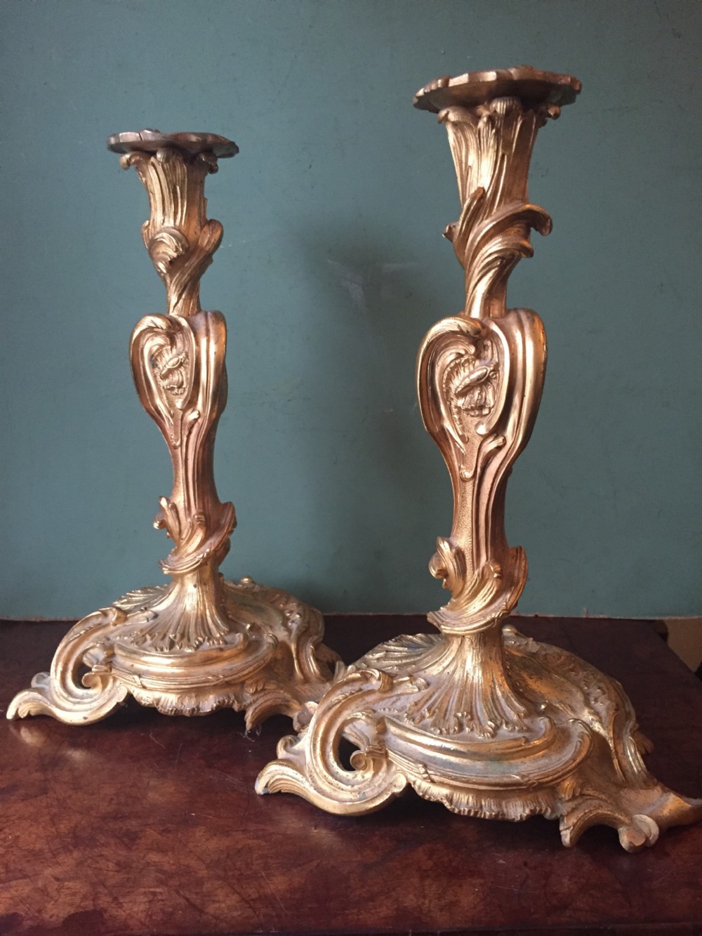 Pair of mid C19th French ormolu bronze candlesticks of Louis XVI rococo design. View III