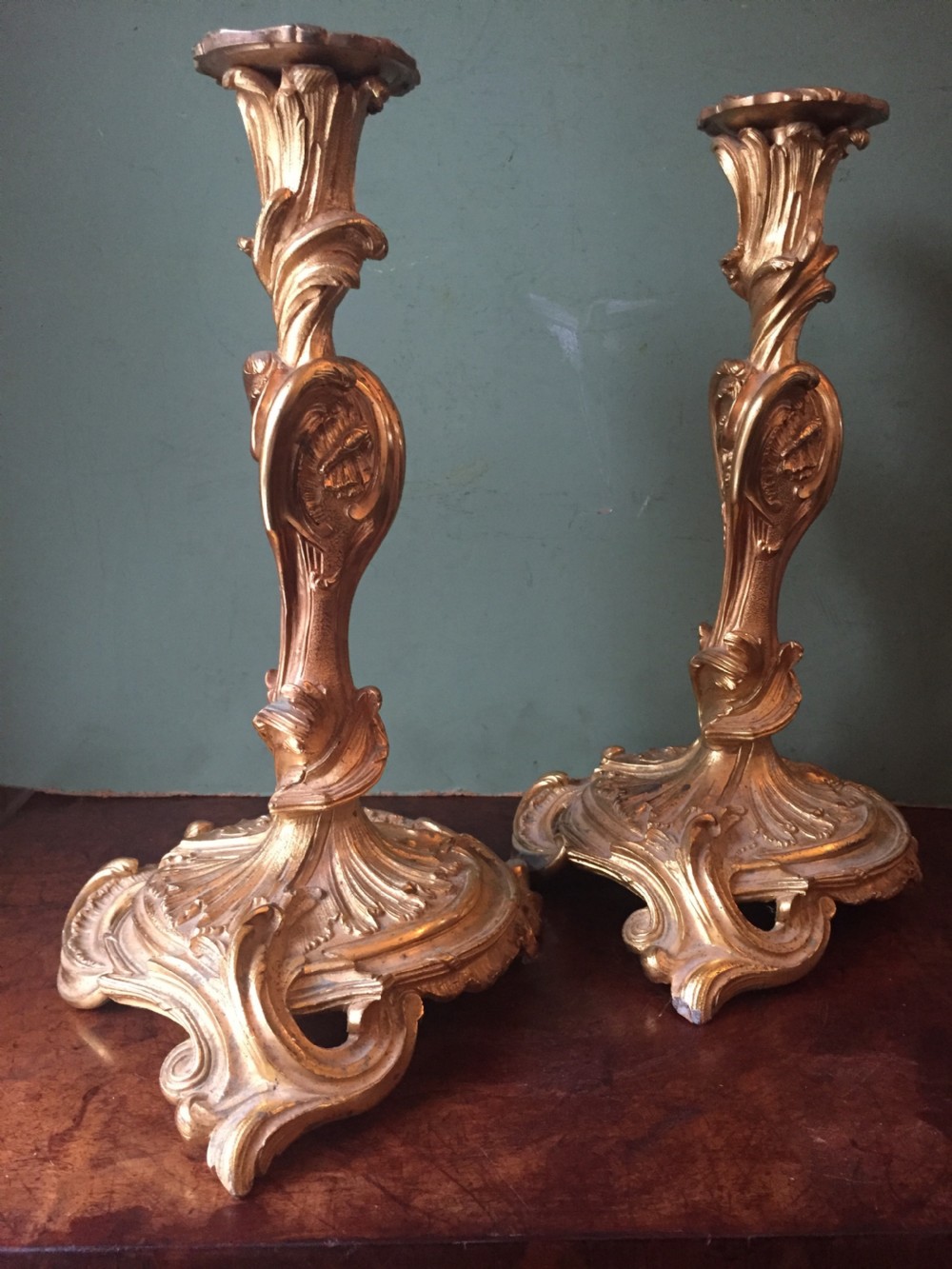 Pair of mid C19th French ormolu bronze candlesticks of Louis XVI rococo design. View IV