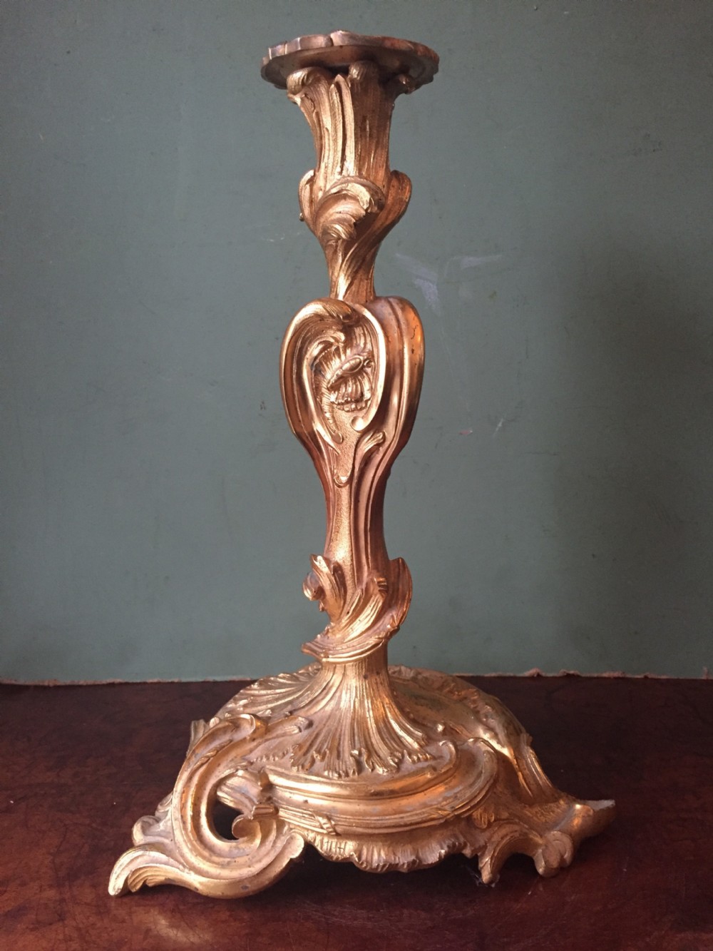 Pair of mid C19th French ormolu bronze candlesticks of Louis XVI rococo design. View V