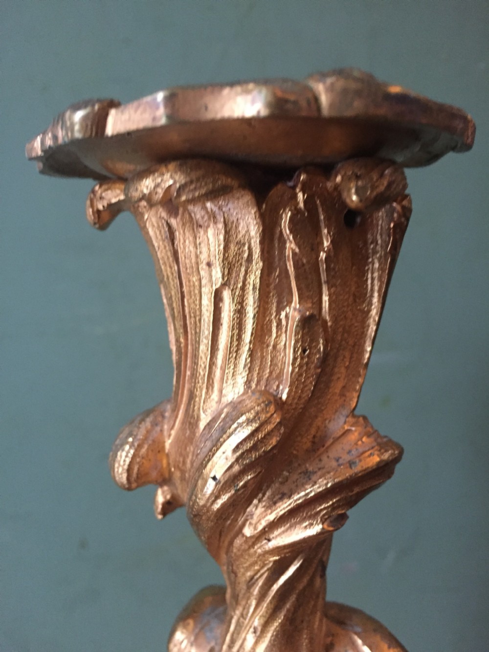 Pair of mid C19th French ormolu bronze candlesticks of Louis XVI rococo design. View X