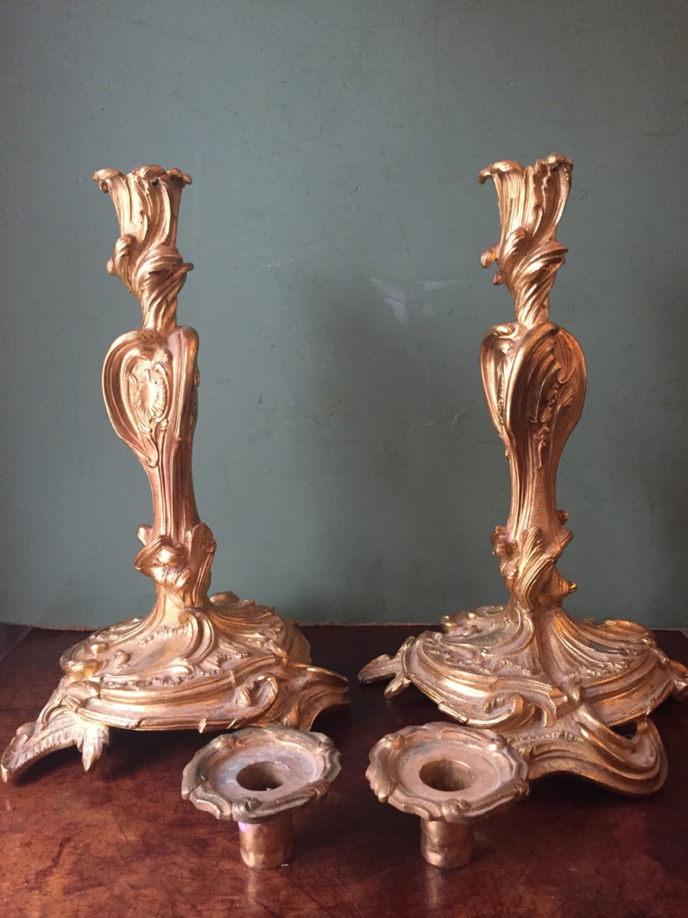 Pair of mid C19th French ormolu bronze candlesticks of Louis XVI rococo design. View XII