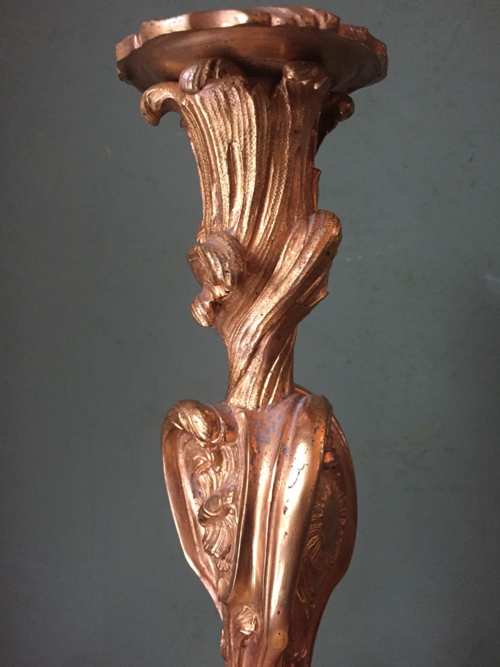 Pair of mid C19th French ormolu bronze candlesticks of Louis XVI rococo design. View XV
