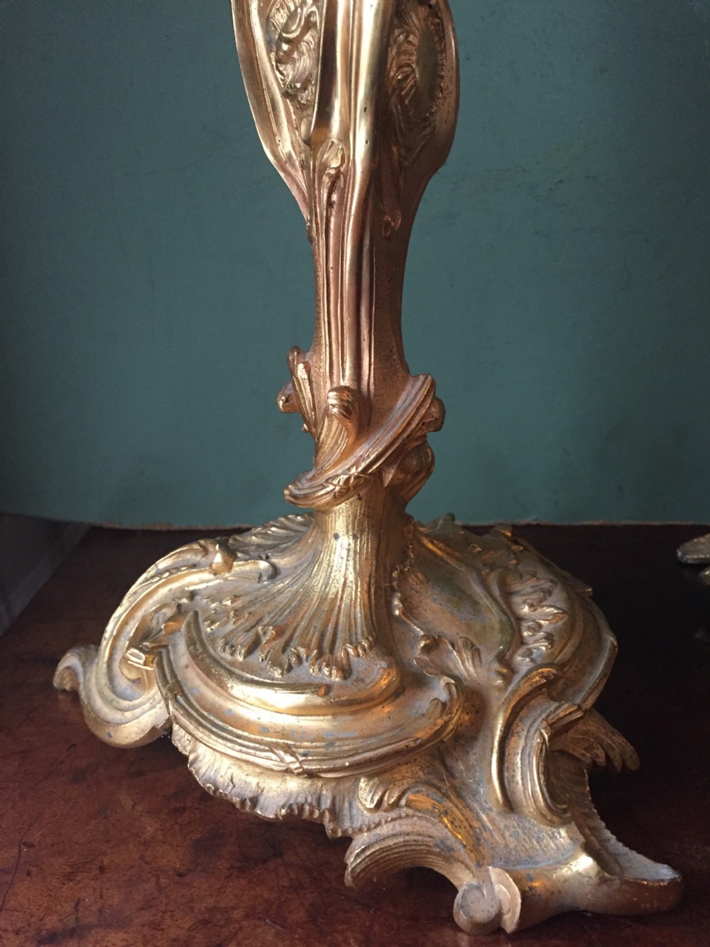 Pair of mid C19th French ormolu bronze candlesticks of Louis XVI rococo design. View XVII