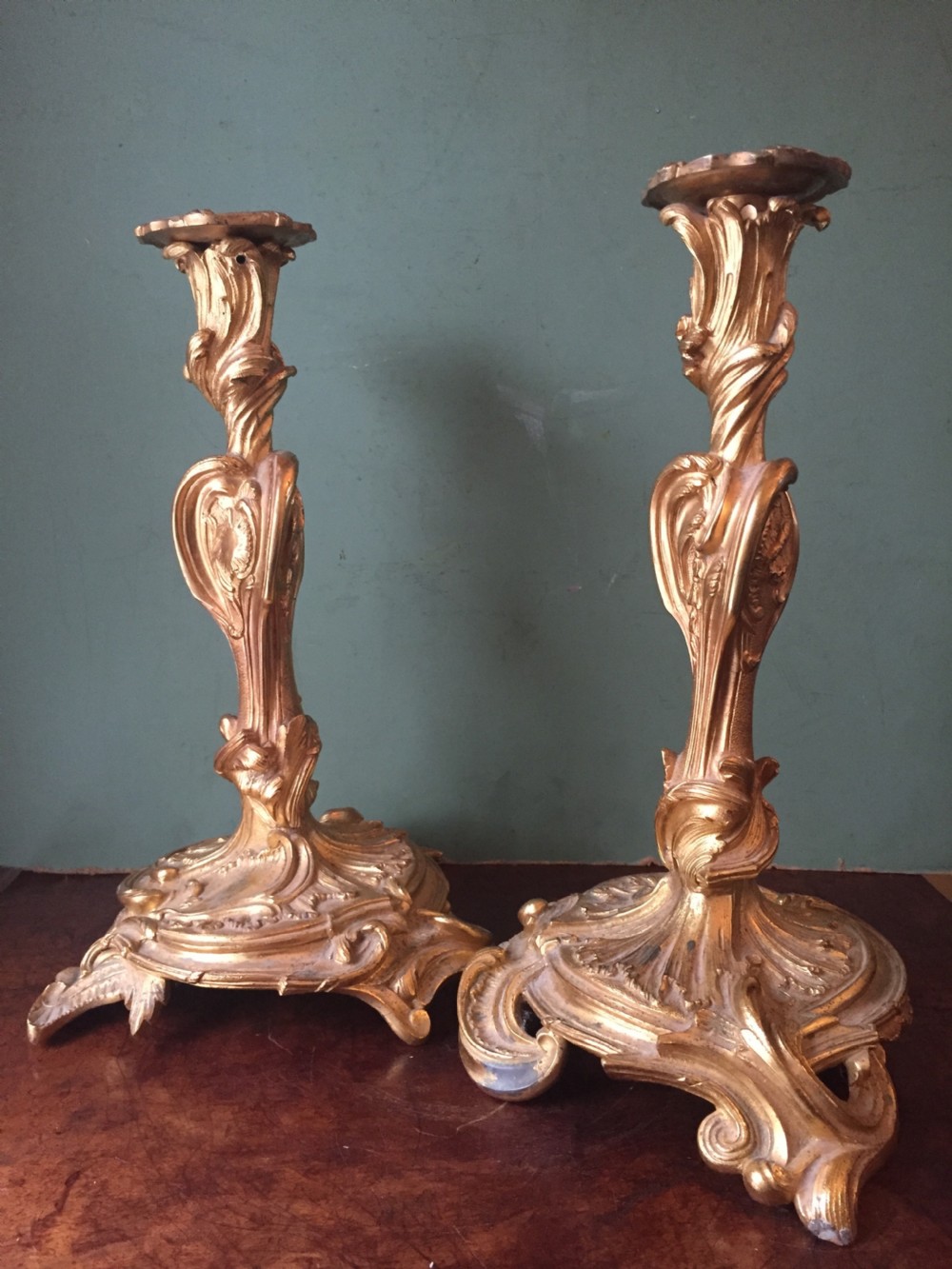 Pair of mid C19th French ormolu bronze candlesticks of Louis XVI rococo design. View XVIII