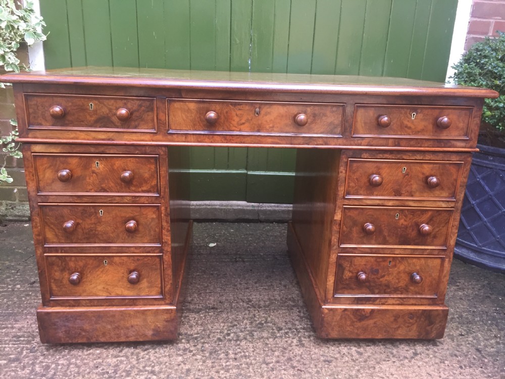 Exceptional quality mid-C19th Victorian burr-walnut pedestal desk of practical proportions. View II