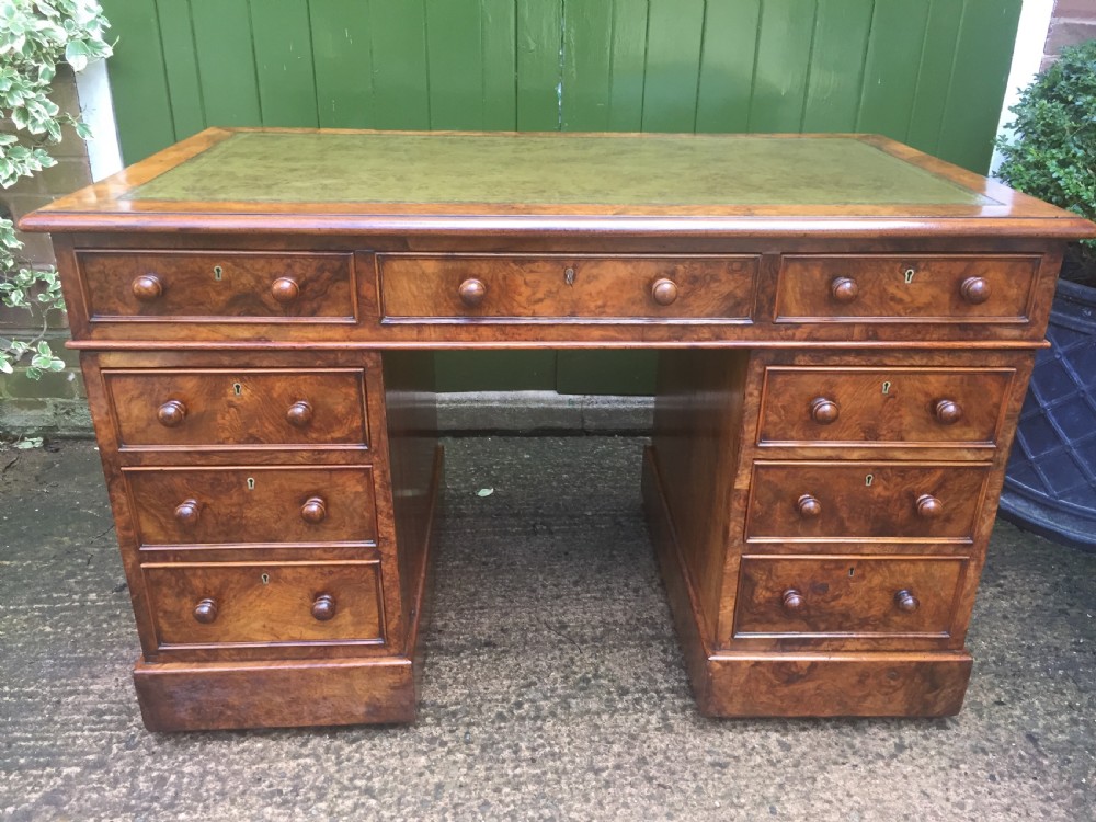 Exceptional quality mid-C19th Victorian burr-walnut pedestal desk of practical proportions. View III