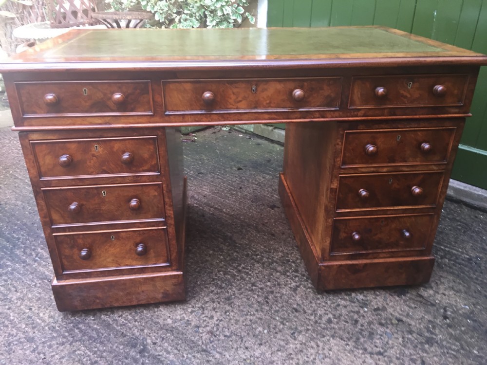Exceptional quality mid-C19th Victorian burr-walnut pedestal desk of practical proportions. View XVI