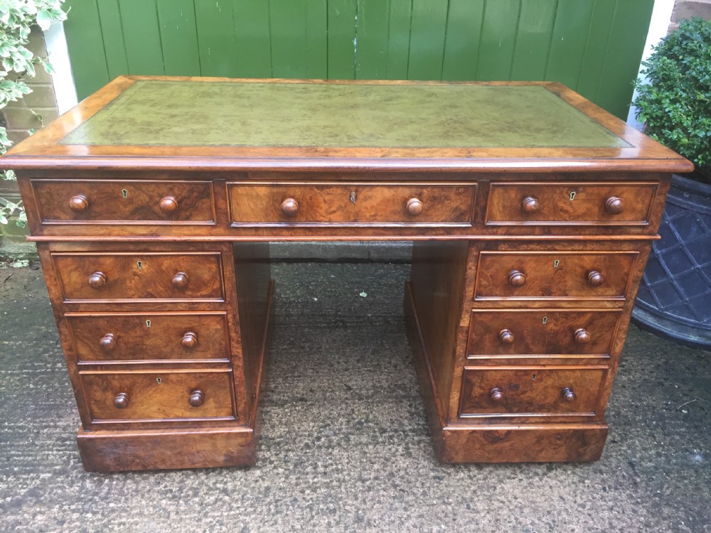 Exceptional quality mid-C19th Victorian burr-walnut pedestal desk of practical proportions. View XVIII