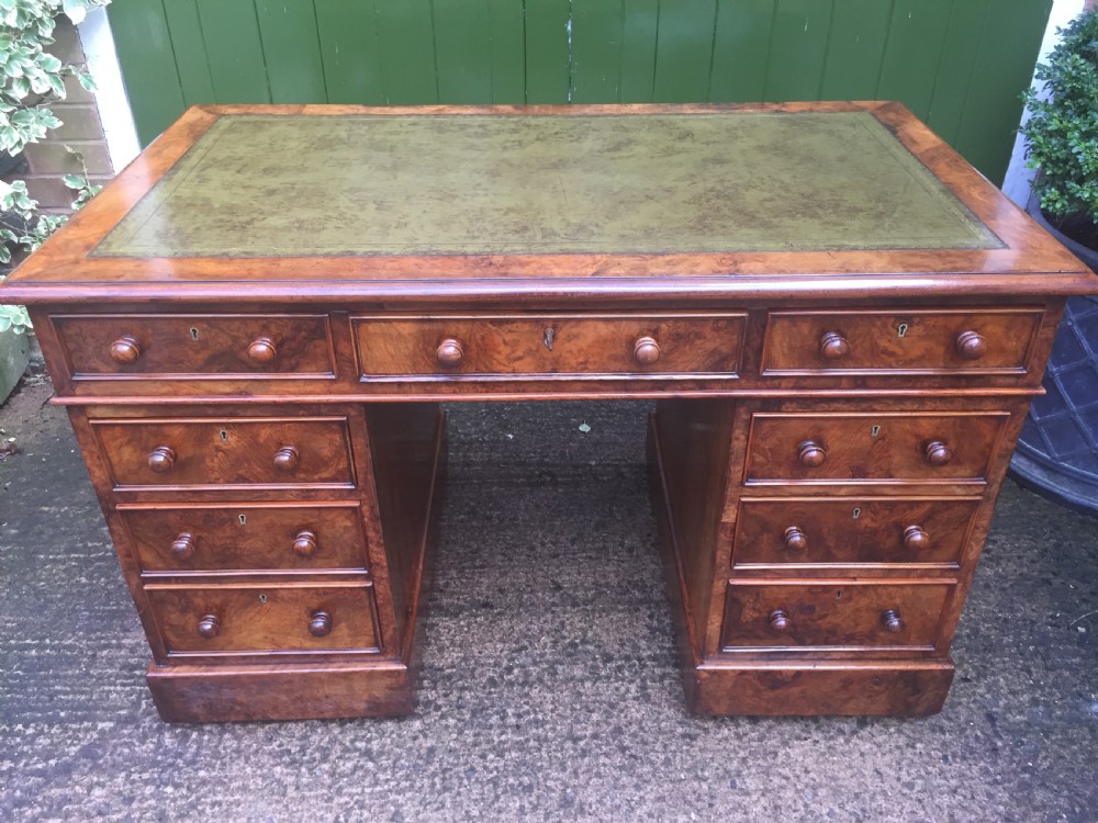Exceptional quality mid-C19th Victorian burr-walnut pedestal desk of practical proportions. View XXII