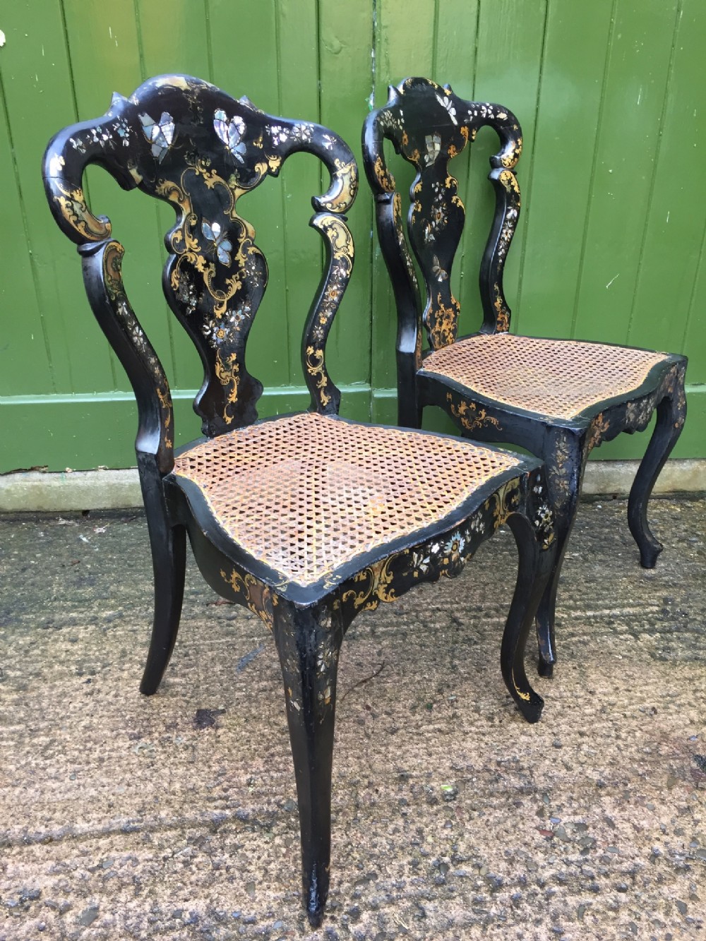 Pair of mid C19th Victorian period papier-mâché bedroom or side chairs.