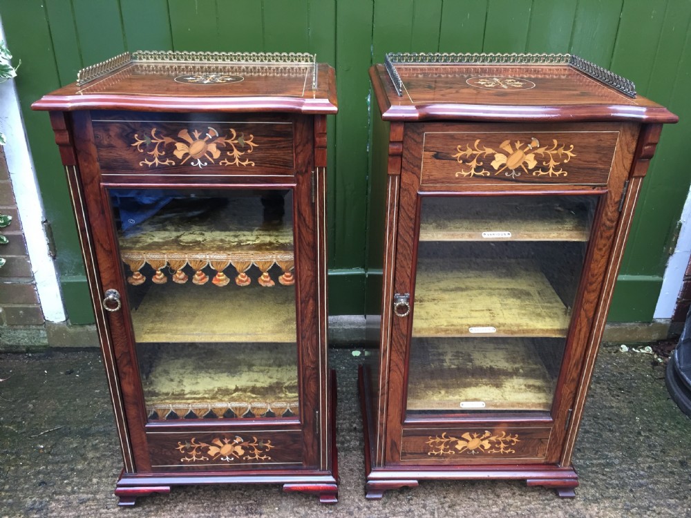 Matching pair of high-quality Edwardian period inlaid figured rosewood music cabinets.