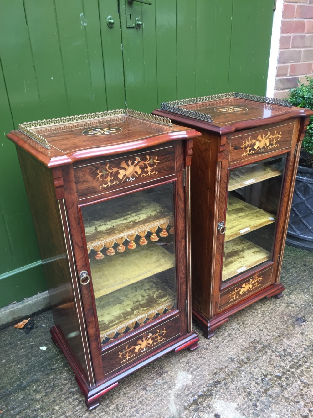 Matching pair of high-quality Edwardian period inlaid figured rosewood music cabinets. View II
