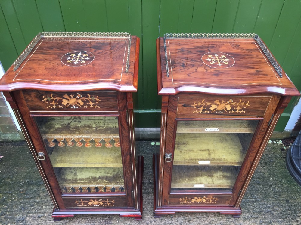 Matching pair of high-quality Edwardian period inlaid figured rosewood music cabinets. View III