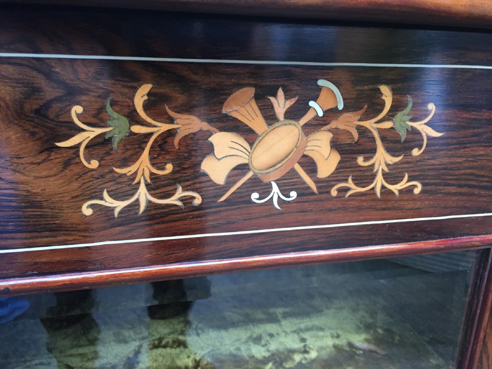 Matching pair of high-quality Edwardian period inlaid figured rosewood music cabinets. View V