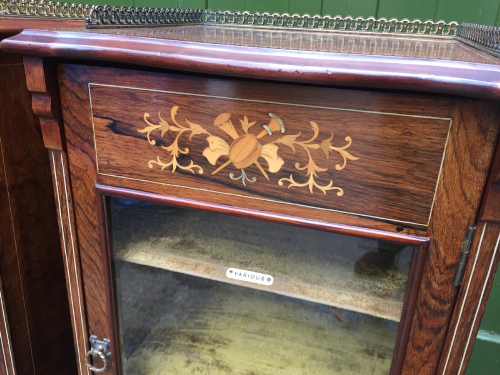 Matching pair of high-quality Edwardian period inlaid figured rosewood music cabinets. View VI