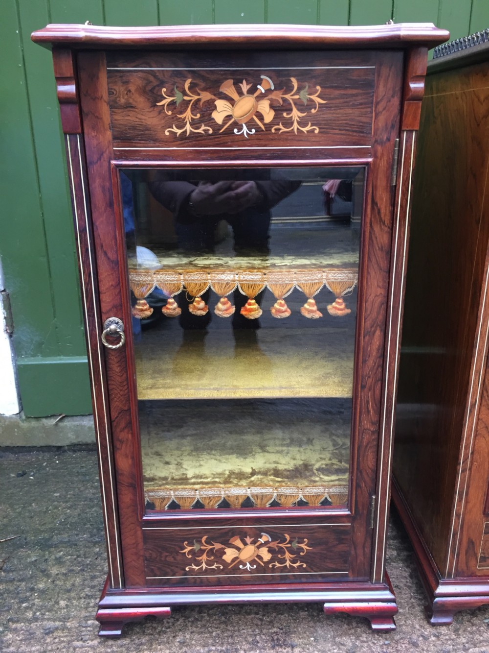 Matching pair of high-quality Edwardian period inlaid figured rosewood music cabinets. View VII
