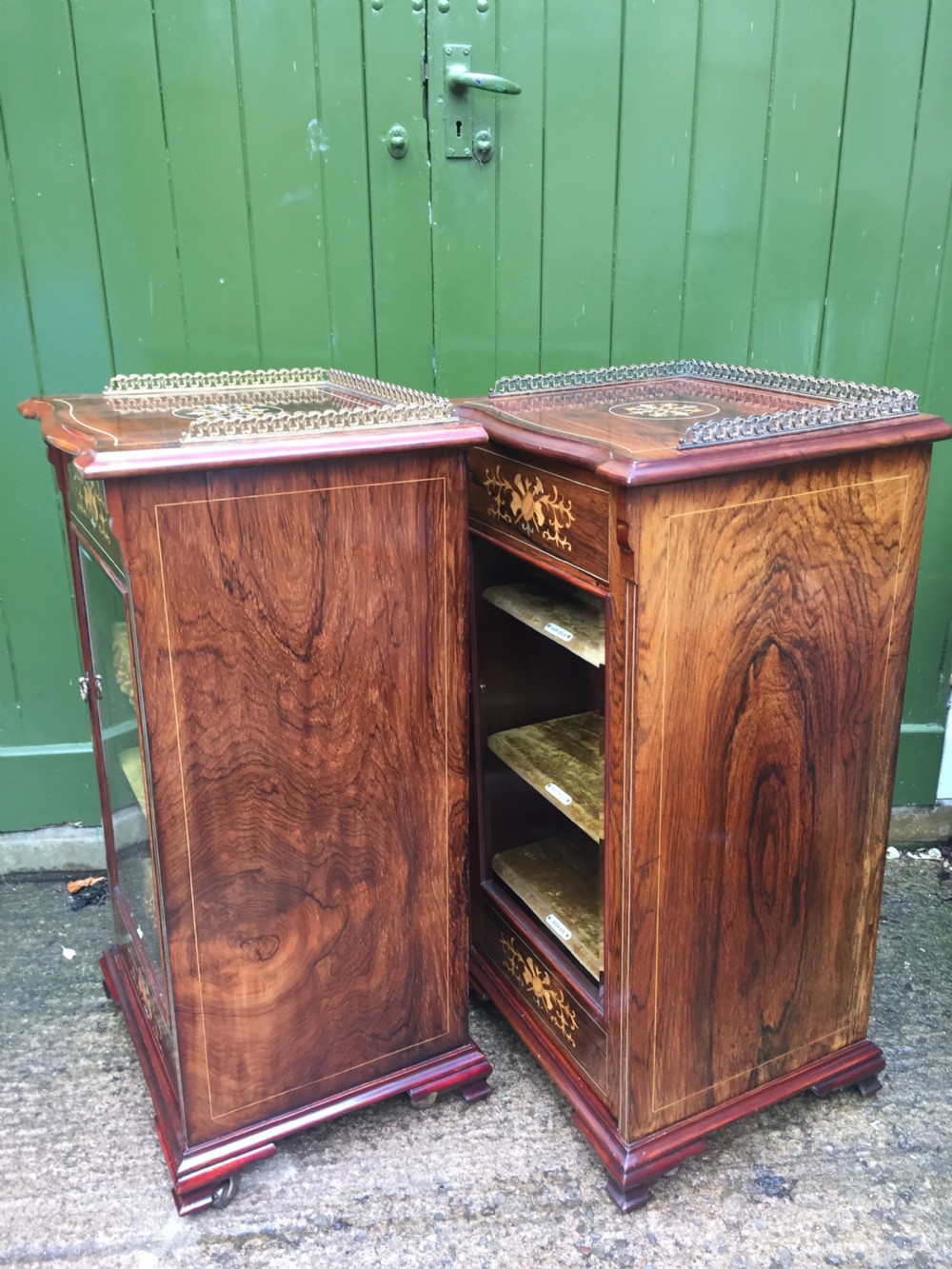 Matching pair of high-quality Edwardian period inlaid figured rosewood music cabinets. View IX