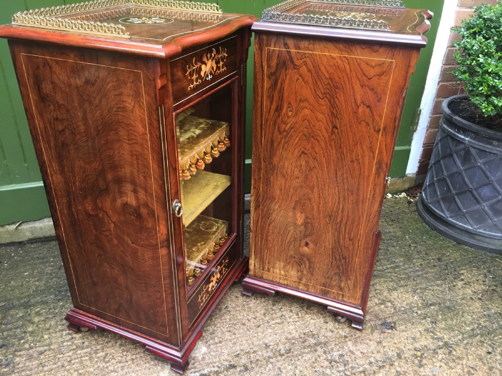 Matching pair of high-quality Edwardian period inlaid figured rosewood music cabinets. View XIII
