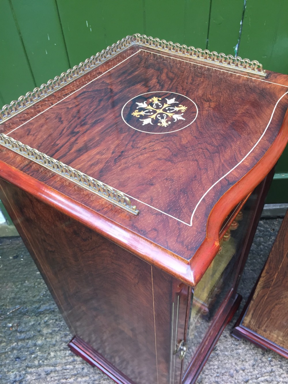 Matching pair of high-quality Edwardian period inlaid figured rosewood music cabinets. View XIV