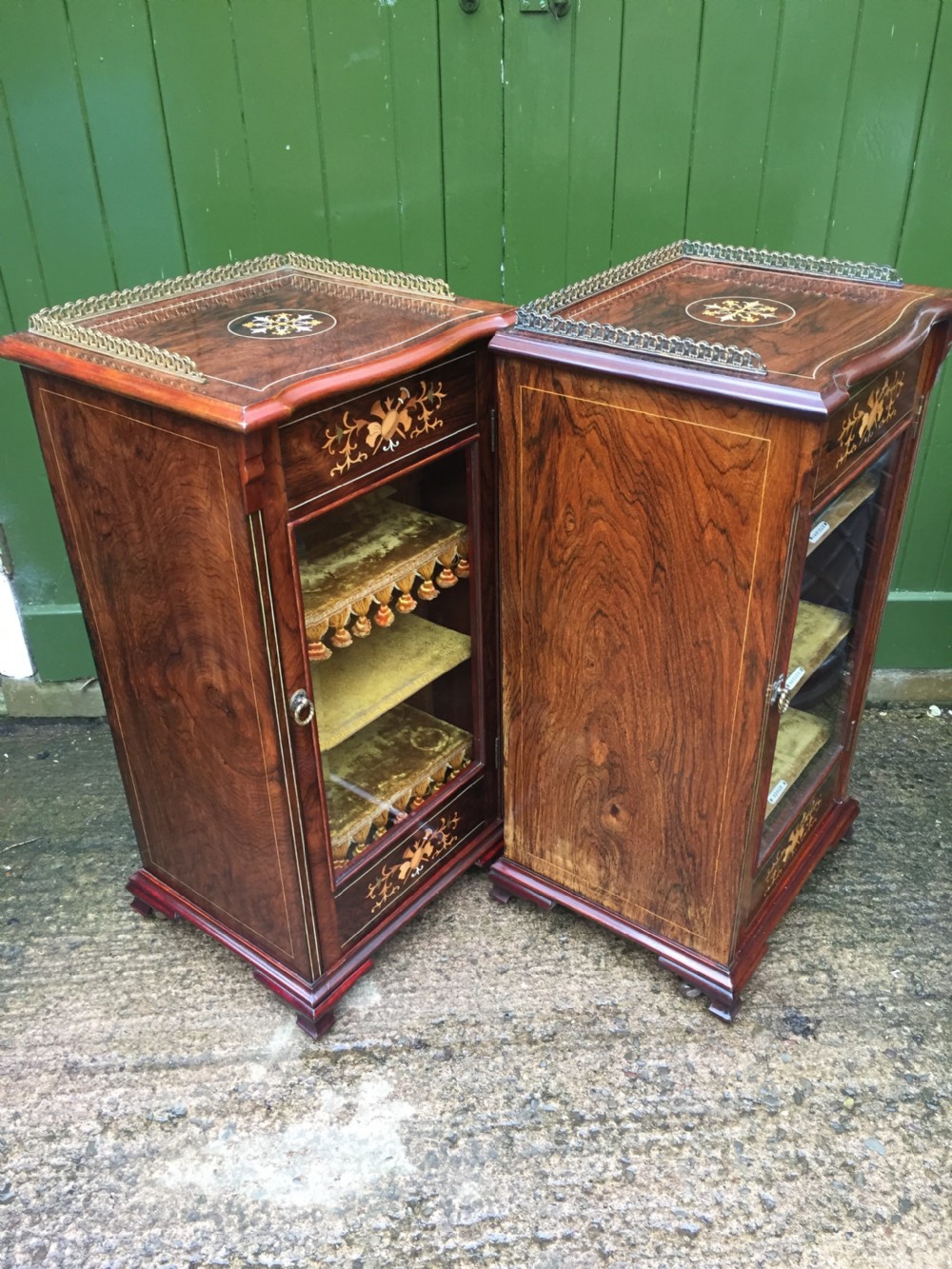 Matching pair of high-quality Edwardian period inlaid figured rosewood music cabinets. View XV