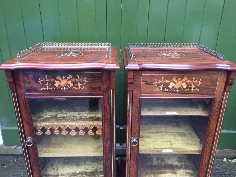 Matching pair of high-quality Edwardian period inlaid figured rosewood music cabinets. View XVIII