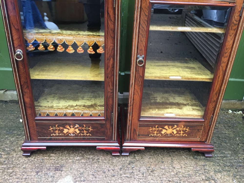 Matching pair of high-quality Edwardian period inlaid figured rosewood music cabinets. View XIX