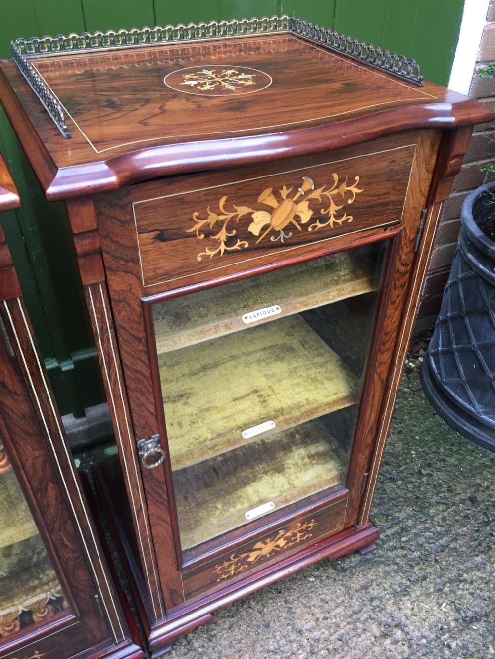 Matching pair of high-quality Edwardian period inlaid figured rosewood music cabinets. View XX