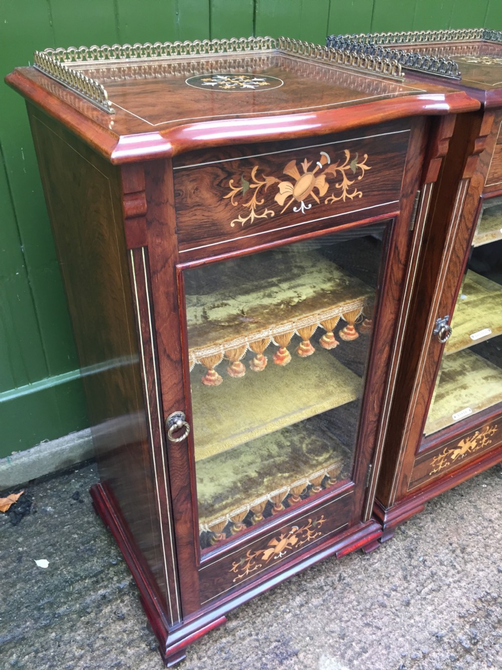 Matching pair of high-quality Edwardian period inlaid figured rosewood music cabinets. View XXI