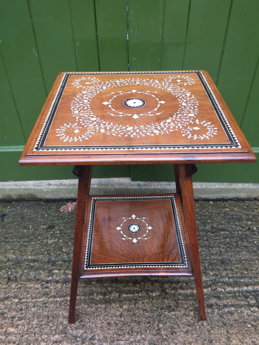 Late C19th Anglo-Indian two-tier teak lamp table with ivory and ebony design inlay.