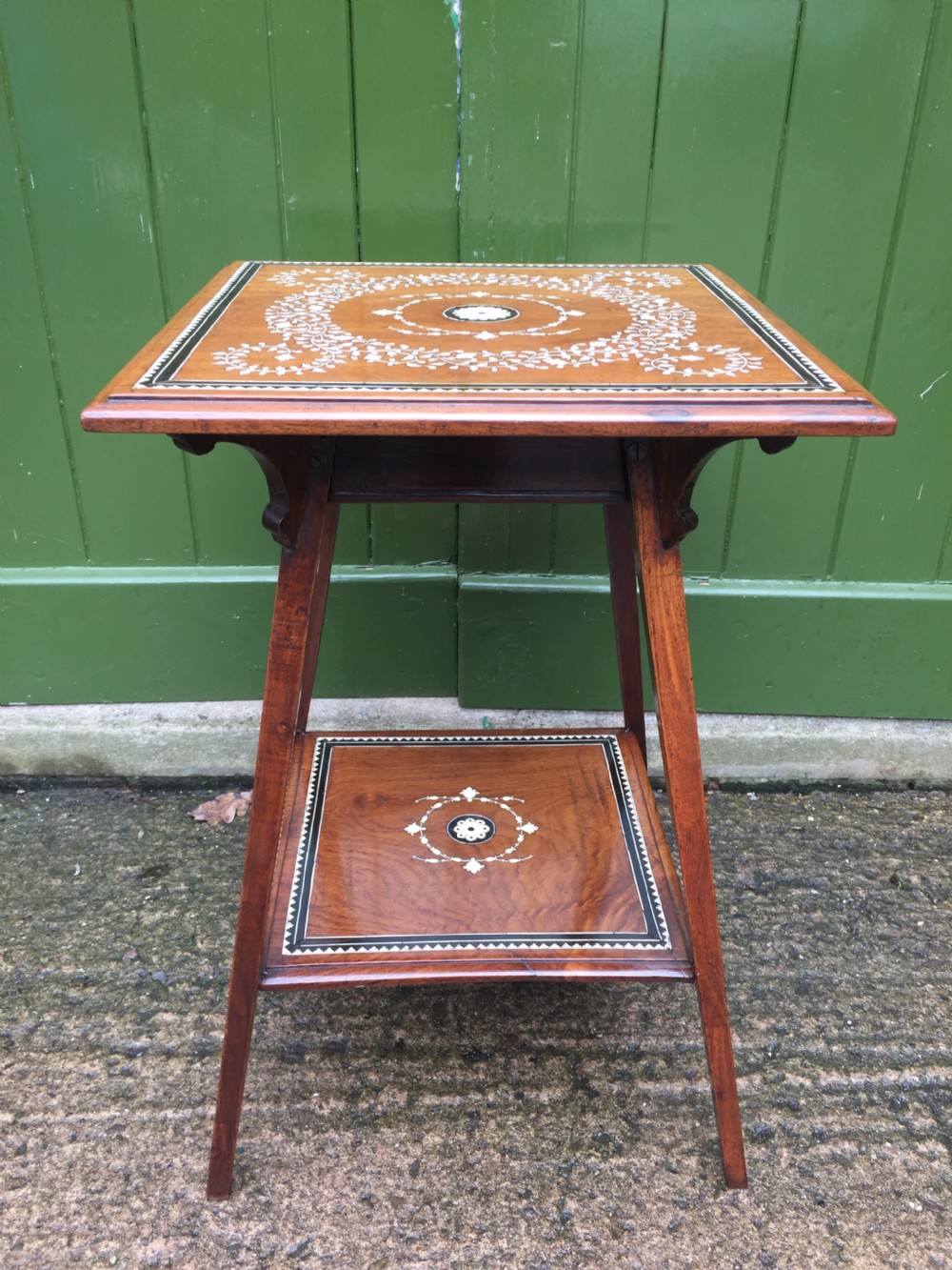 Late C19th Anglo-Indian two-tier teak lamp table with ivory and ebony design inlay. View II