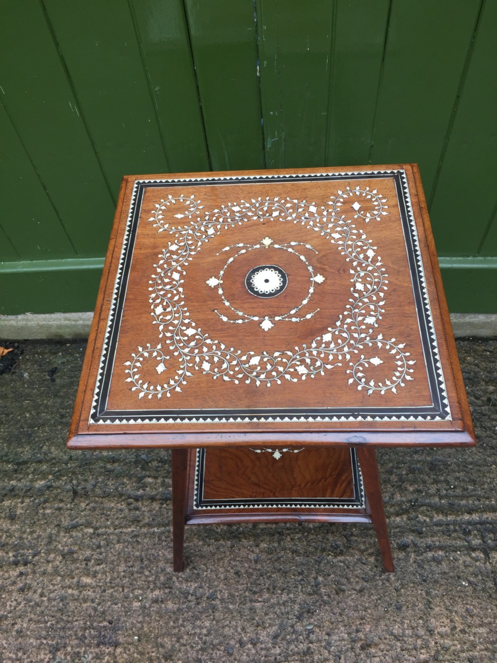 Late C19th Anglo-Indian two-tier teak lamp table with ivory and ebony design inlay. View III