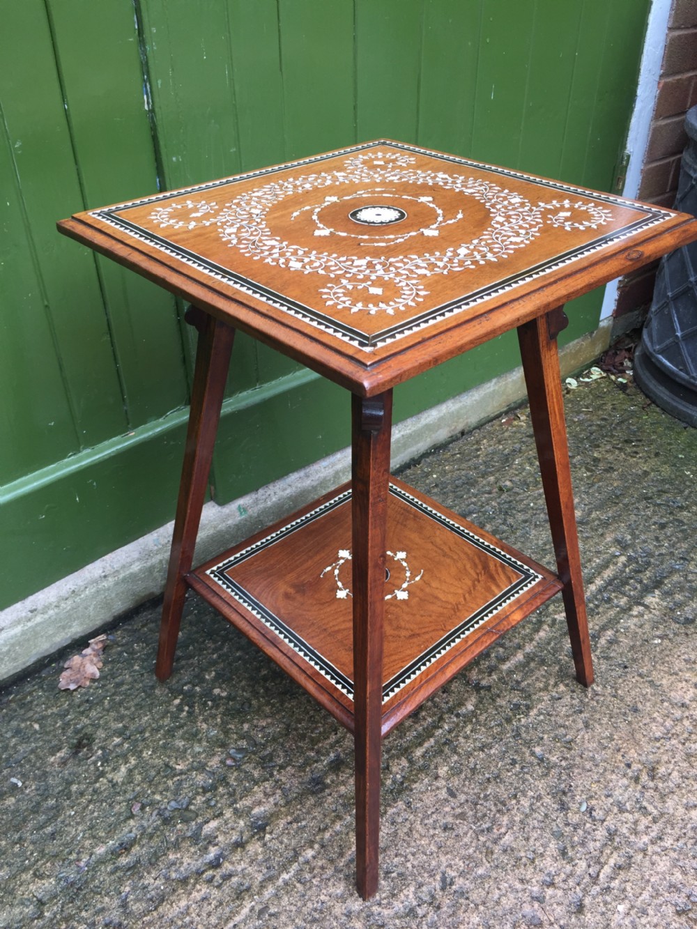 Late C19th Anglo-Indian two-tier teak lamp table with ivory and ebony design inlay. View IV