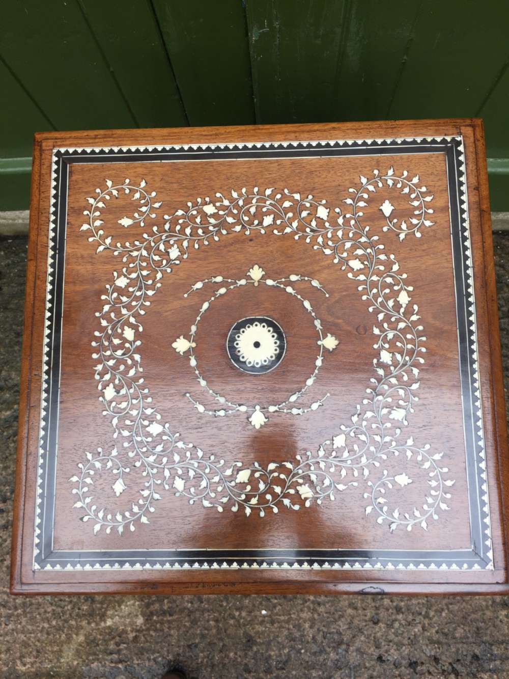 Late C19th Anglo-Indian two-tier teak lamp table with ivory and ebony design inlay. View V