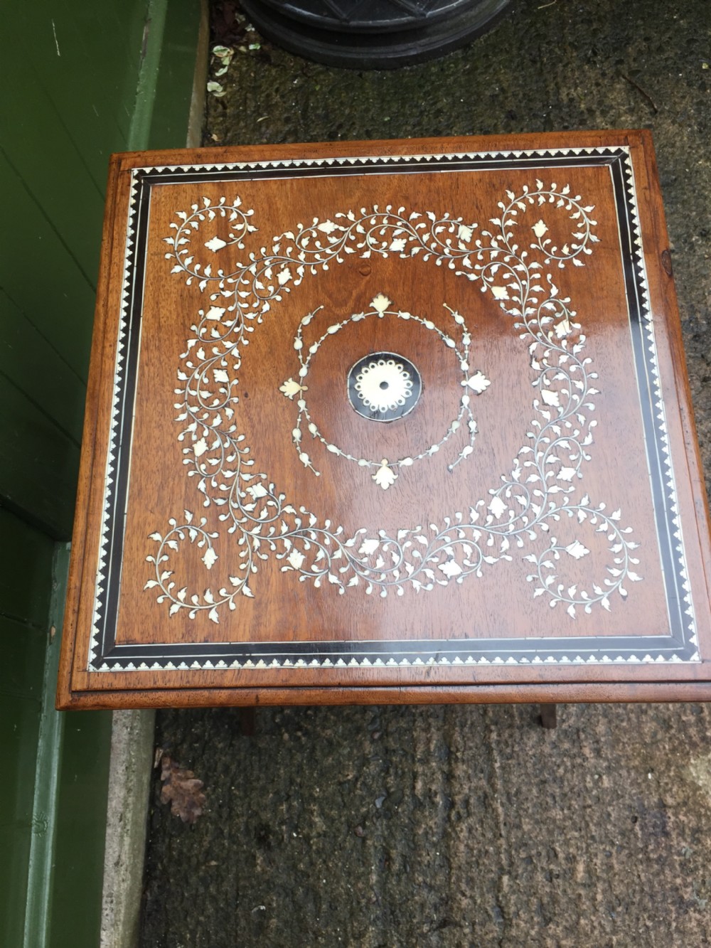 Late C19th Anglo-Indian two-tier teak lamp table with ivory and ebony design inlay. View VI