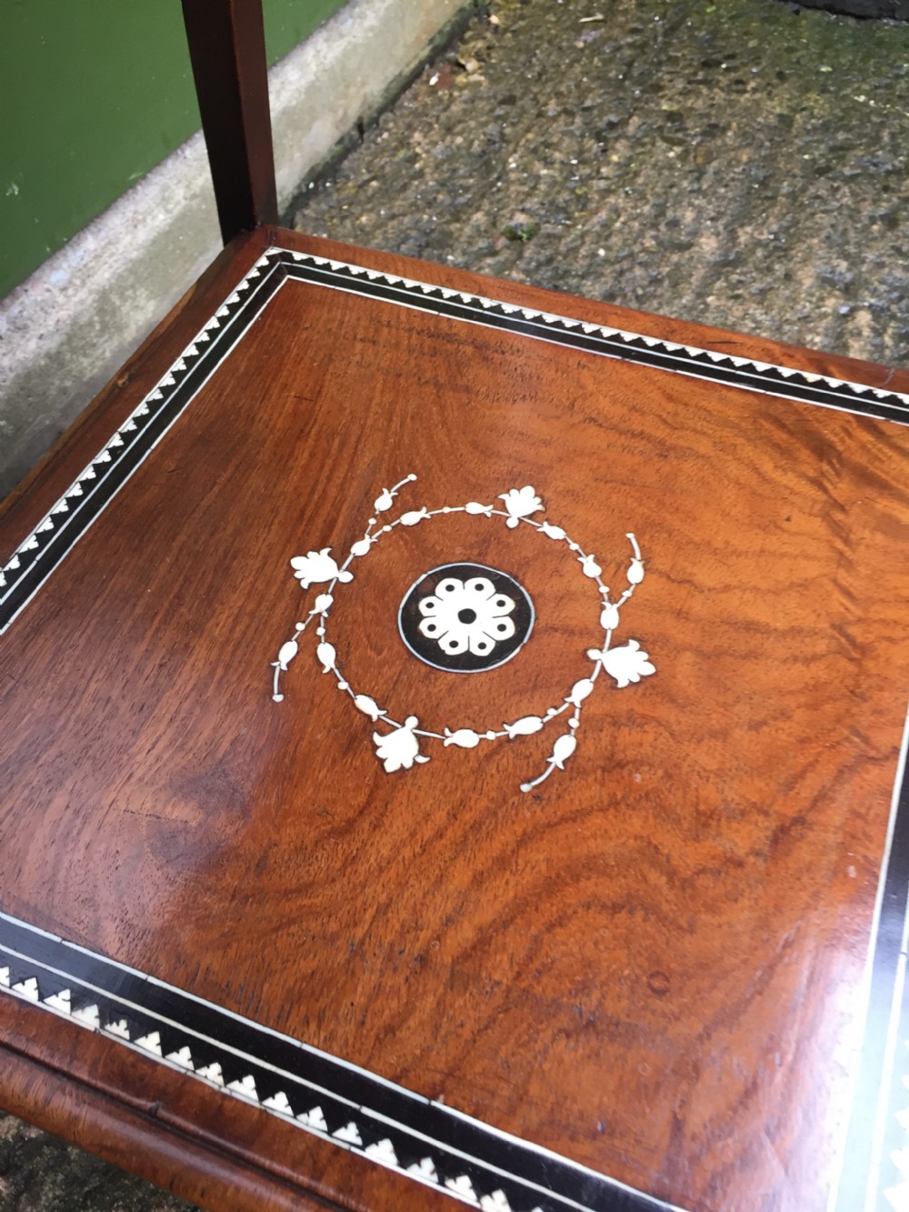 Late C19th Anglo-Indian two-tier teak lamp table with ivory and ebony design inlay. View VII